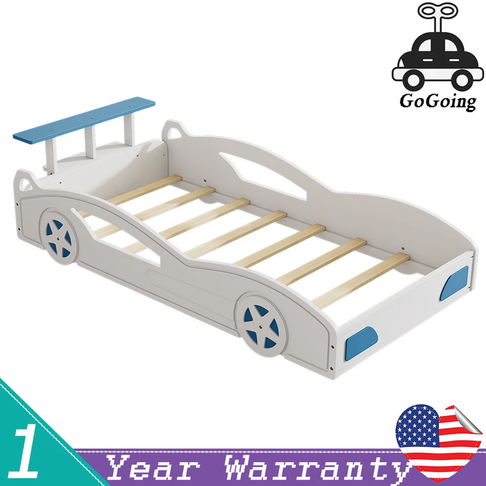 Cama de solteiro plataforma em forma de carro de corrida de madeira com rodas para criança - Imagem 1 de 4
