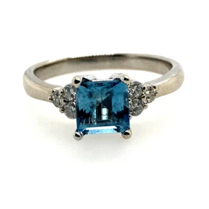 Natural Emerald Cut Blue Aquamarine & Diamond Solitaire Ring 14k White Gold 1.48 - Picture 1 of 5