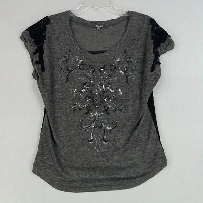 Miss Me Shirt Womens Small Gray Sequin Sparkle Lace Crochet Embroidered Y2K Boho - Image 1 of 4