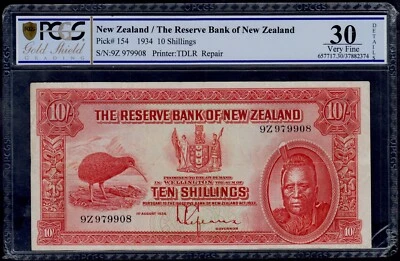 NEW ZEALAND  10 SHILLINGS 1934 PICK # 154 PCGS 30 VERY FINE. - Image 1 of 2