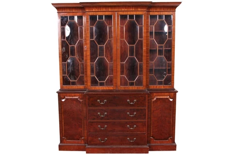Vintage Mahogany English Georgian Style Bubble Glass Breakfront Bookcase Cabinet Cover