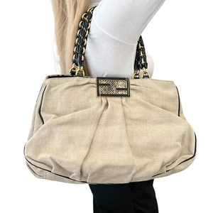 FENDI Vintage FF Logo Mia Canvas Tote Bag Shoulder Bag Chain Handle Cream Gold - Picture 1 of 13