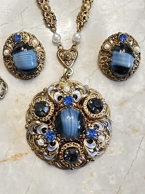 WEST GERMANY Blue Porphyry Slag Art Glass Blue Enamel Filigree Necklace Earrings - Image 1 of 4