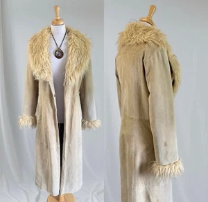 Tan Suede Penny Lane Afghan Trench Coat Y2K Boho Western Cowgirl Indie Fur READ - Picture 1 of 12