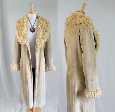 Tan Suede Penny Lane Afghan Trench Coat Y2K Boho Western Cowgirl Indie Fur READ - Image 1 of 4