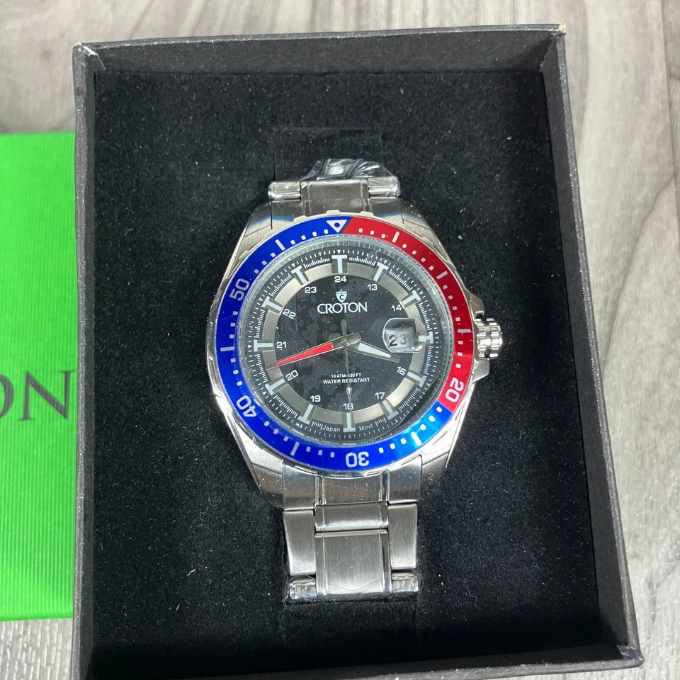 Reloj pulsera de cuarzo Croton para hombre con bisel Pepsi de acero inoxidable de 3 mm Foto 1 de 1