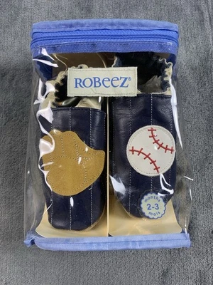 Zapatos de cuna de cuero de béisbol Robeez azul marino cuidando los primeros pasos 2-3 meses Foto 1 de 4