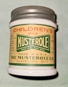 Vtg medicine jar, Children's Mild Musterole camphor salve, milk glass Cleveland - Picture 1 of 13