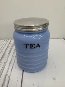 Vintage Jeanette Delphite blauer Bienenstock gerippt Teekanister Aluminiumdeckel - Bild 1 von 10