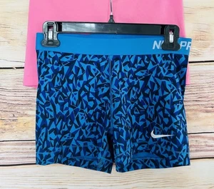 Nike PRO Corto Sportivo Donna Blu Stampa Geometrica Dri-Fit Logo Taglia M - Foto 1 di 9