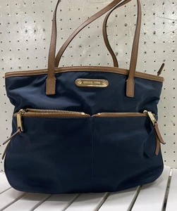 Michael Kors Tote Shoulder Bag Womens Large Navy Blue Nylon Brown Leather Trim - Picture 1 of 16