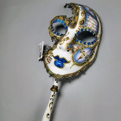 Vtg Venetian Carnival Masquerade Ball Face Mask On A Stick Music Italy w/ Tag - Image 1 of 4
