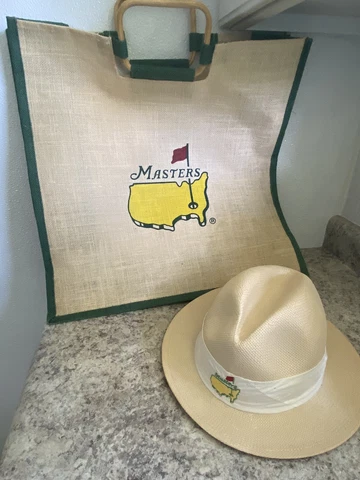 Masters Tour Straw Hat White Band Large/ Augusta Natl + A Straw Bag W/wood Handl Cover