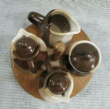 Brown Tan Heavy Stoneware Pottery Oil Vinegar Cream Sugar Set Wood Rack FREE S/H