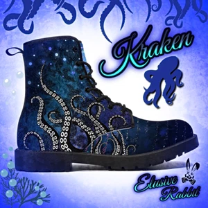 Kraken Winter Gothic Boots Blue Black Women Steampunk Squid Flat Shoe3 4 5 6 7 8 - Picture 1 of 11