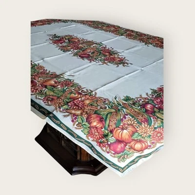 Tablecloth-Fall-Thanksgiving-Pumpkins-Rectangle-Cream-Orange-Greens-VTG - Image 1 of 3