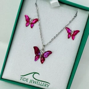 Butterfly Paua Shell Pink Necklace Pendant Stud Earring Set Tide Abalone Gift - Picture 1 of 7