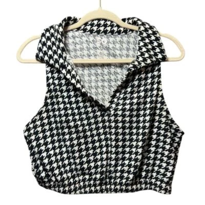 Blusa SO Houndstooth crop top sem mangas gola preta branca, G - Imagem 1 de 4