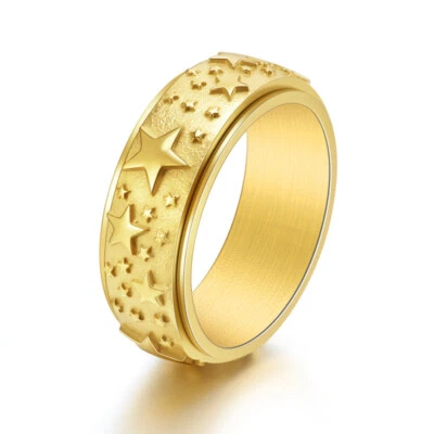 Anillo giratorio estrellado de acero inoxidable con estrella de la suerte para hombre y mujer talla 6-12 Foto 1 de 2
