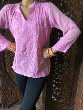 Boho Gypsy Hippy Pink Floral Embroidery Design Sheer Georgette Cover Up Tunic S 