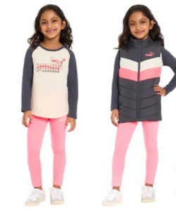 PUMA Kids Girls 3 Piece Puffer Vest Set Grey Hot Pink & White S 6 NEW QUICK SHIP - Picture 1 of 14