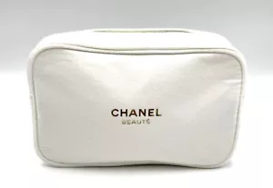 New! Chanel Beauty Gift Makeup Bag Pouch Clutch With Gold Chanel Print ~ White - Picture 1 of 2