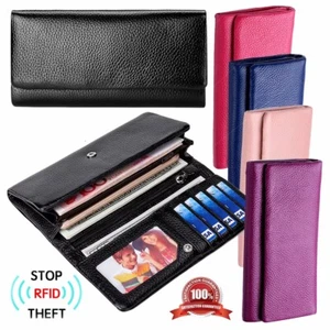 Damen Vollnarbenleder Große Kapazität Handy Halter Ausweis Clutch Geldbörse - Bild 1 von 10