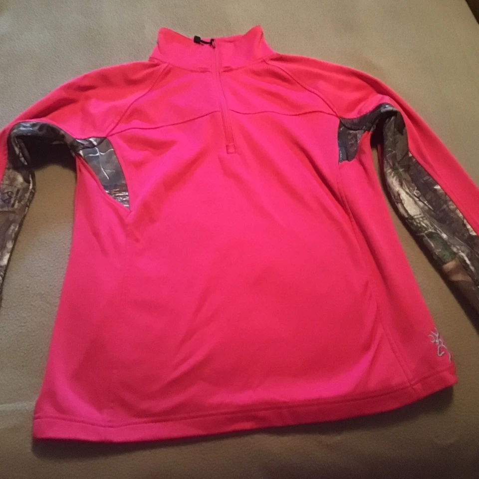 Browning Buckmark 女式粉色 Fuschia 和迷彩 3/4 25 美分拉链套衫 L 码 — 第 1/4 张图片