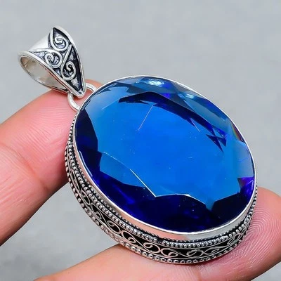 Faceted Tanzanite Quartz Oval Shape Gemstone Gift Vintage Jewelry Pendant 2.20" - Image 1 of 4