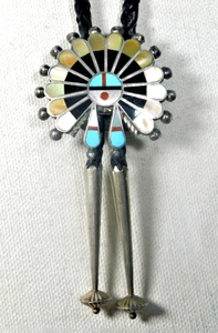 ZUNI STERLING MULTI STONE Inlay Handmade Vintage SUNFACE KACHINA BOLO TIE - Picture 1 of 4