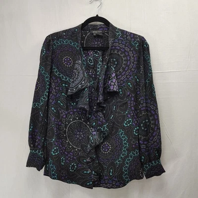 Etcetera Top 女式 6 真丝深花卉荷叶边长袖纽扣衬衫 — 第 1/4 张图片