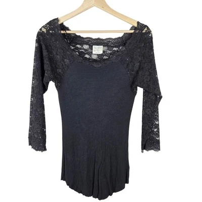 Top acanalado Free People talla grande M negro encaje ribete acanalado manga larga Y2K gótico Foto 1 de 4