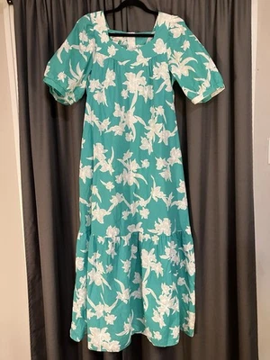 Vestido Largo Retro Helena's Hawaiano Muumuu Caftán Hibisco Verde Azulado Talla L. O2 Foto 1 de 4