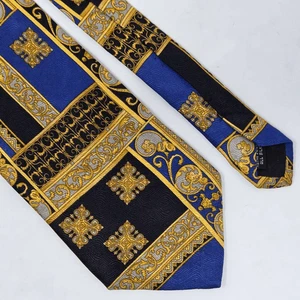 FRATELLI MODA ITALIEN HANDGEFERTIGTE SEIDENKRAWATTE GOLD BLAU SCHWARZ BAROCK LUXUS 4" X 60" - Bild 1 von 3