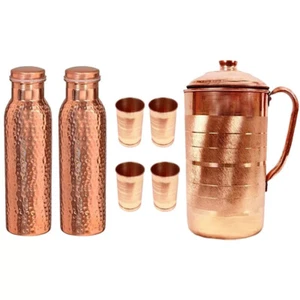 Pure Copper Water Pitcher Jug 1.5 Ltr Water Bottle Flasks Tumber Glass Set Of 7 - Picture 1 of 8