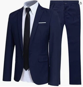 Mens Slim Fit Suit Navy Blue 2 Piece L 42R 36W Notch lapel 1 Button - Picture 1 of 3