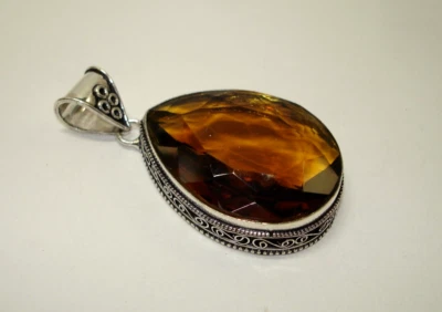 AB Smoky Topaz Brown Quartz 925 Silver Solitaire Pear-Cut Pendant 2.5" - Image 1 of 4