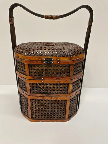 Basket Vintage Chinese Handled Woven Wicker Tiered Wedding Storage Nesting Bins Cover