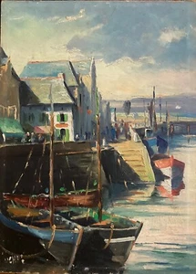 René Uchay Öl auf Tafel signiert Boote im Hafen La Bretagne le Croisic Kunst - Bild 1 von 1