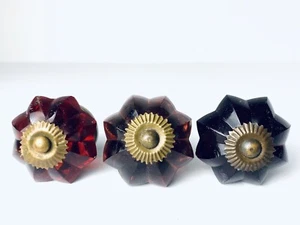Anthropologie Hardware Knob Pulls Ruby Amethyst Glass Lot 3 Brass Cabinet Drawer - Picture 1 of 8