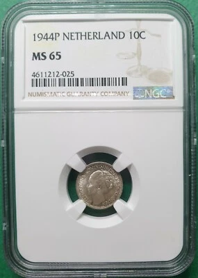 1944P NETHERLAND 10 CENTS NGC MS 65 - Image 1 of 2