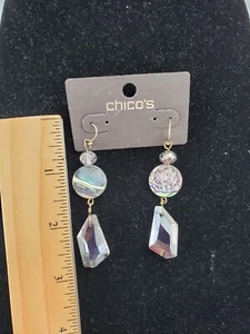 Chico's Pierced Wire Statement Earrings Silver tone Clear Crystal and Shell - Picture 1 of 2