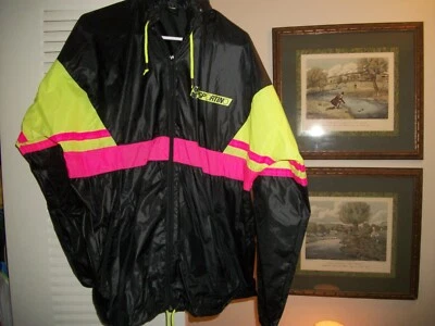 Cortavientos Brillante Suave Nylon Años 80 Negro Neón X-Grande 24" Pecho Foto 1 de 4