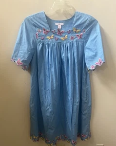 GO SOFTLY PATIO petite small House Dress Blue Embroidery Pockets Butterfly PS S - Picture 1 of 4