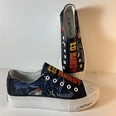 Sapato Feminino Ed Hardy Poppy Eagle Strass Preto Sem Renda Tamanho 6 Usado - Imagem 1 de 4