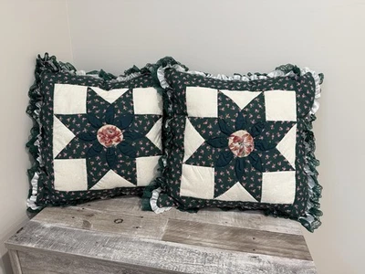 Pair of Amish Hand-Quilted Star Pillows 18x18” – Green Floral with Lace Trim - Image 1 of 4