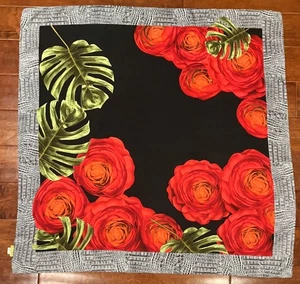 Vintage Echo Black Floral Silk Scarf Red Rose Faux Gray Alligator Border 35 x 34 - Picture 1 of 3
