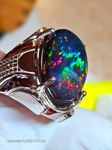 Anello Uomo Opale Nero Naturale Qualità 5A, Argento Sterling 925 Anello Opale Unico - Foto 1 di 7