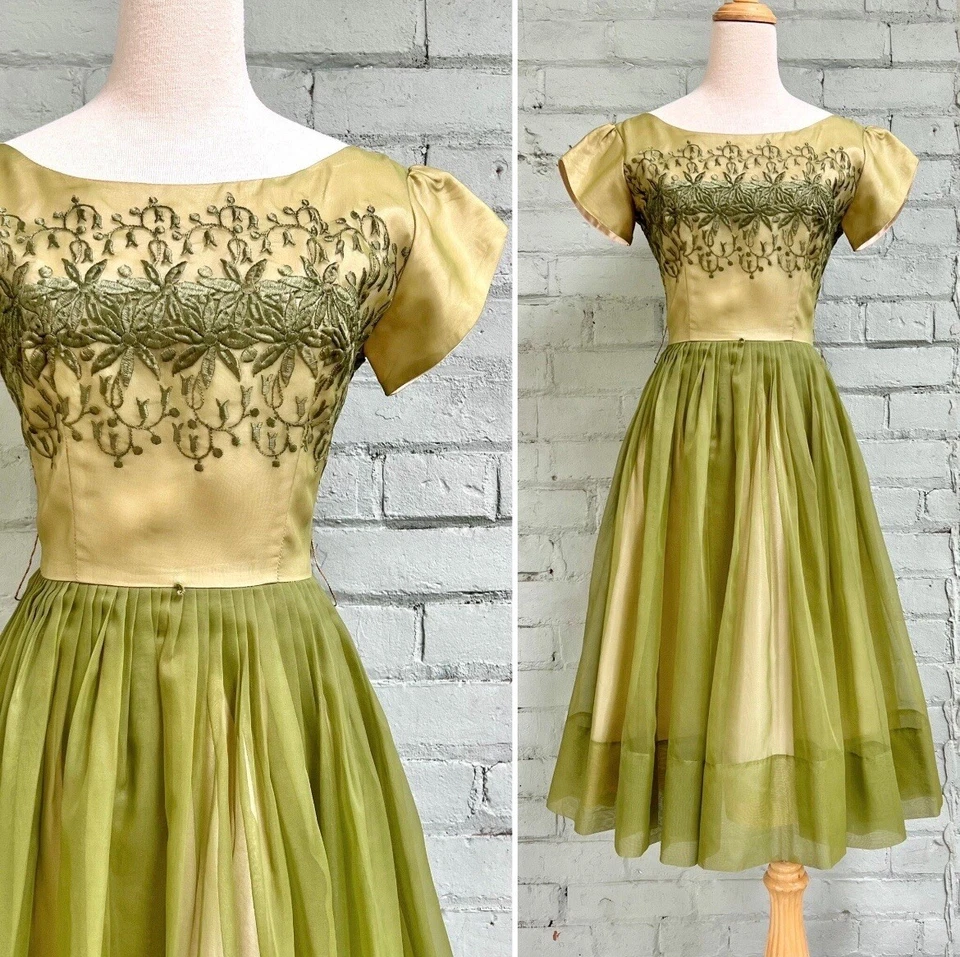 Vintage 1960s chartreuse organza fit and flare cocktail party dress / small - Imagem 1 de 4