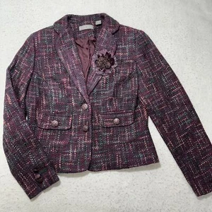 Kate Hill Women’s 6 Wool Blend Blazer Purple Wooden Button Front Corsage Flower - Picture 1 of 15